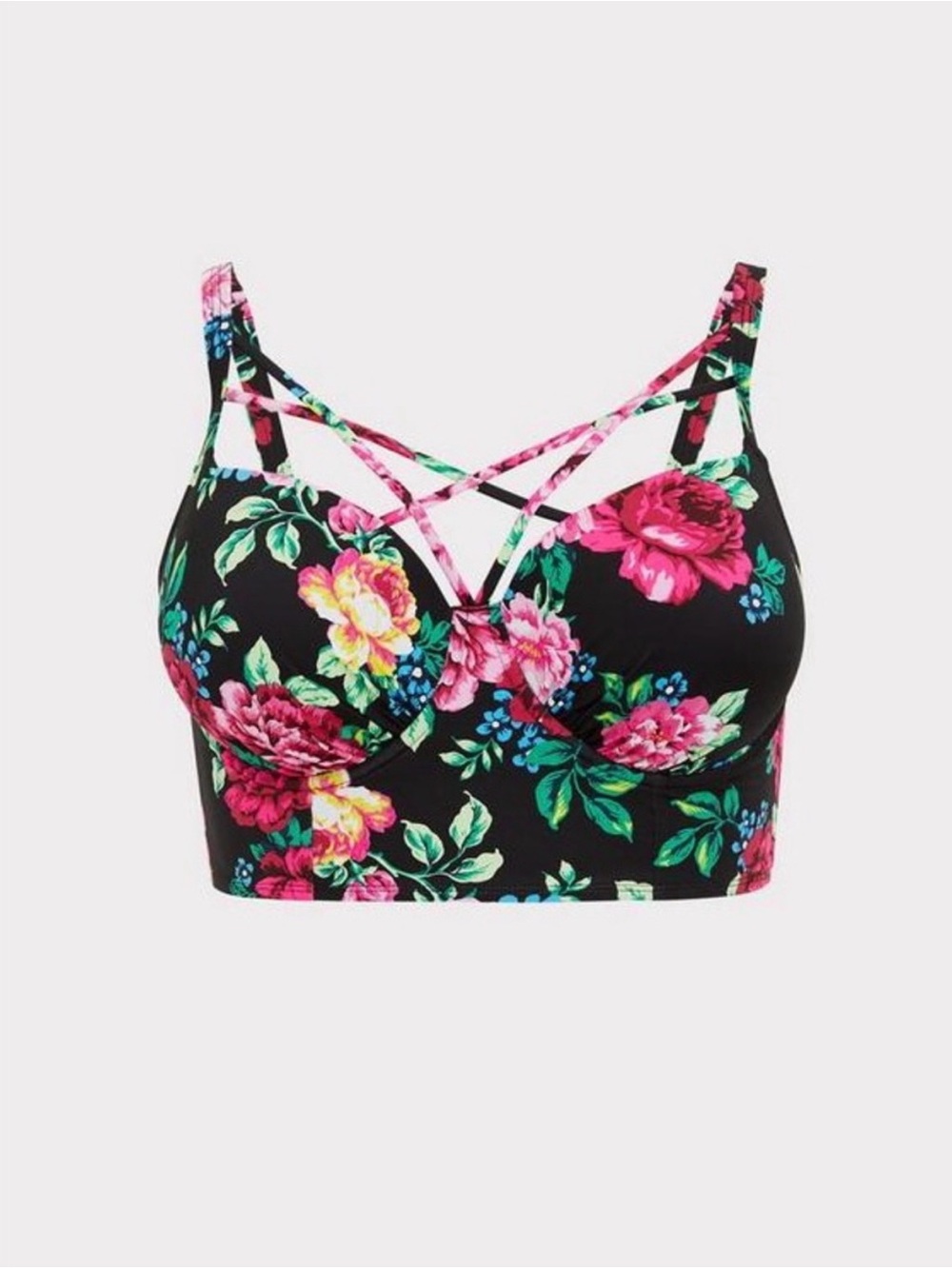 torrid Black Floral Longline Bikini Top with Pink & Green Flowers